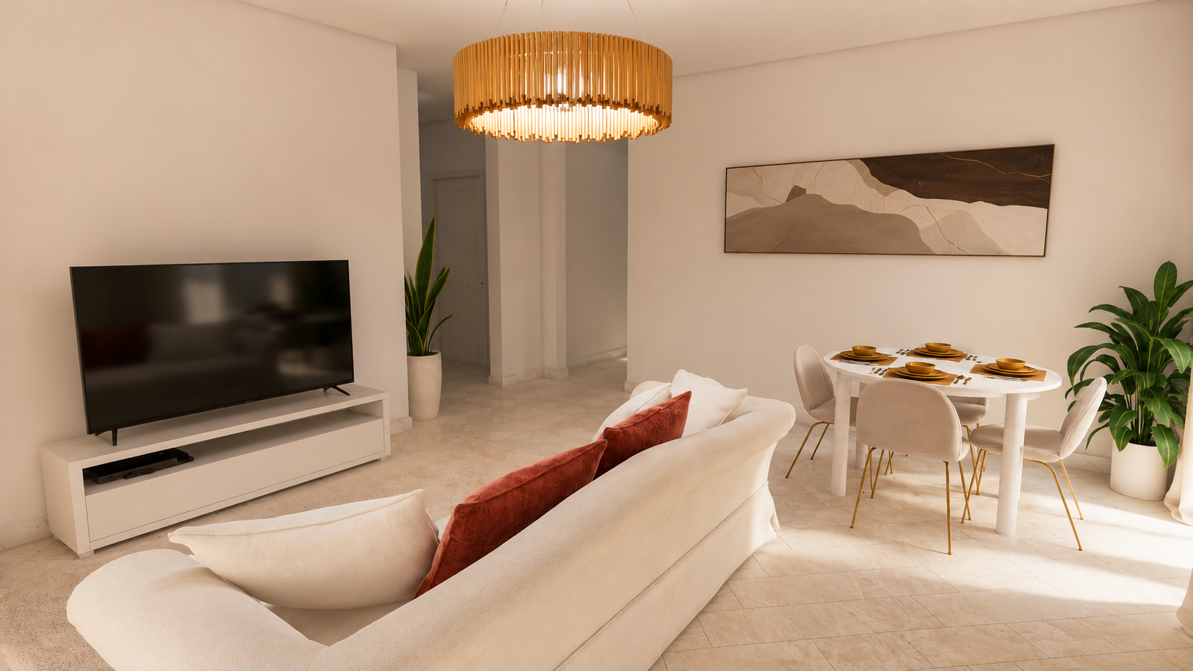 Sala de estar da Casa de Renovação em tons neutros com luz natural