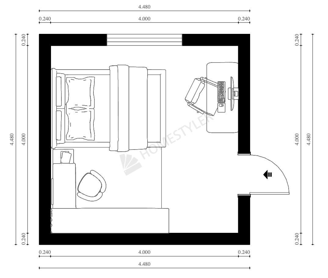 Planta 2D do quarto de Viktoria, 4×4m